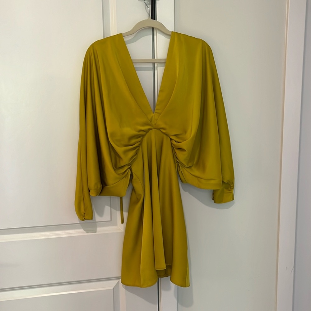 ASOS batwing satin mini dress with bias cut skirt and tie back in gold